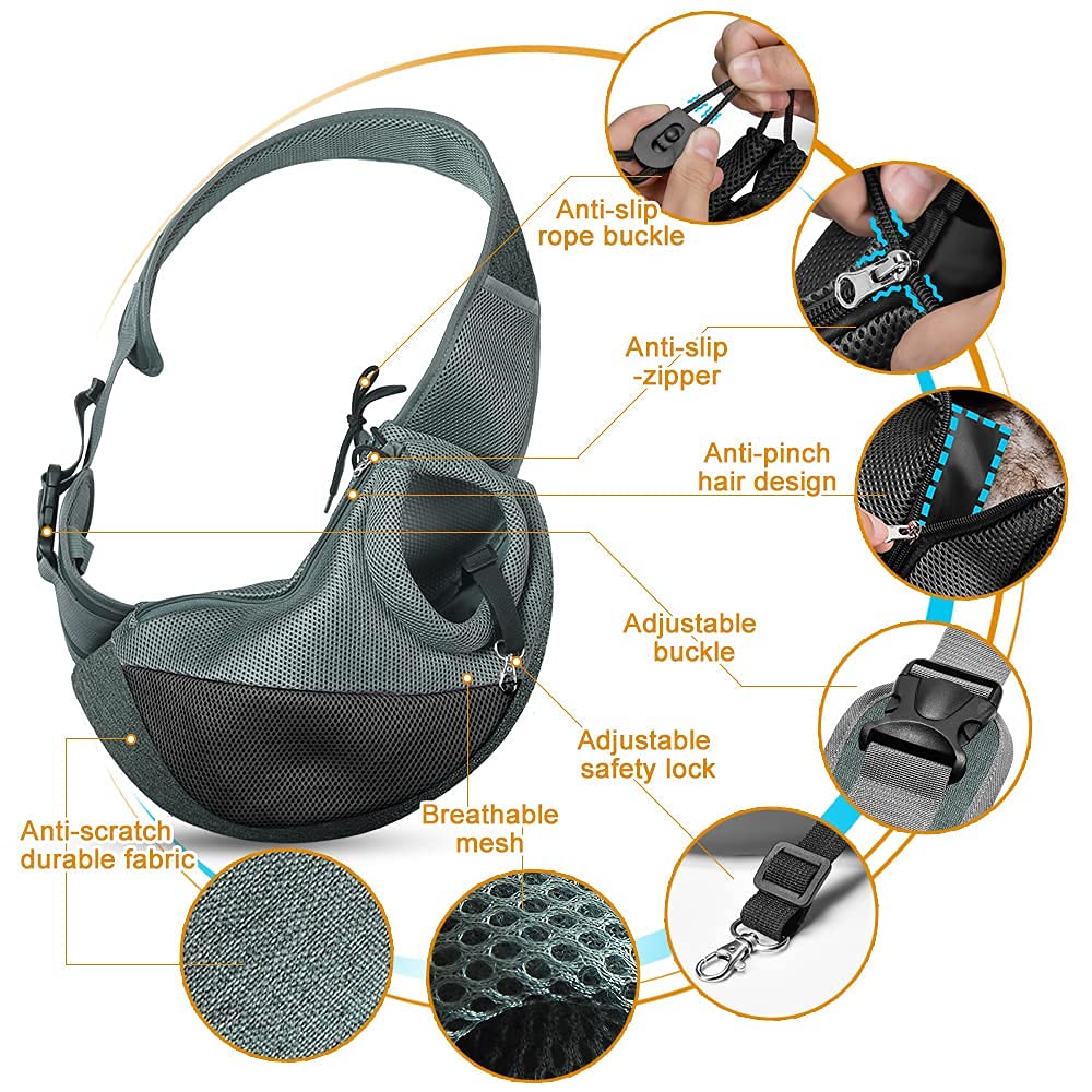 Dog Cat Sling Carrier Adjustable Padded Shoulder Strap with Mesh Pocket for Outdoor Travel (M - up to 10 Lbs, Blue-Mesh)