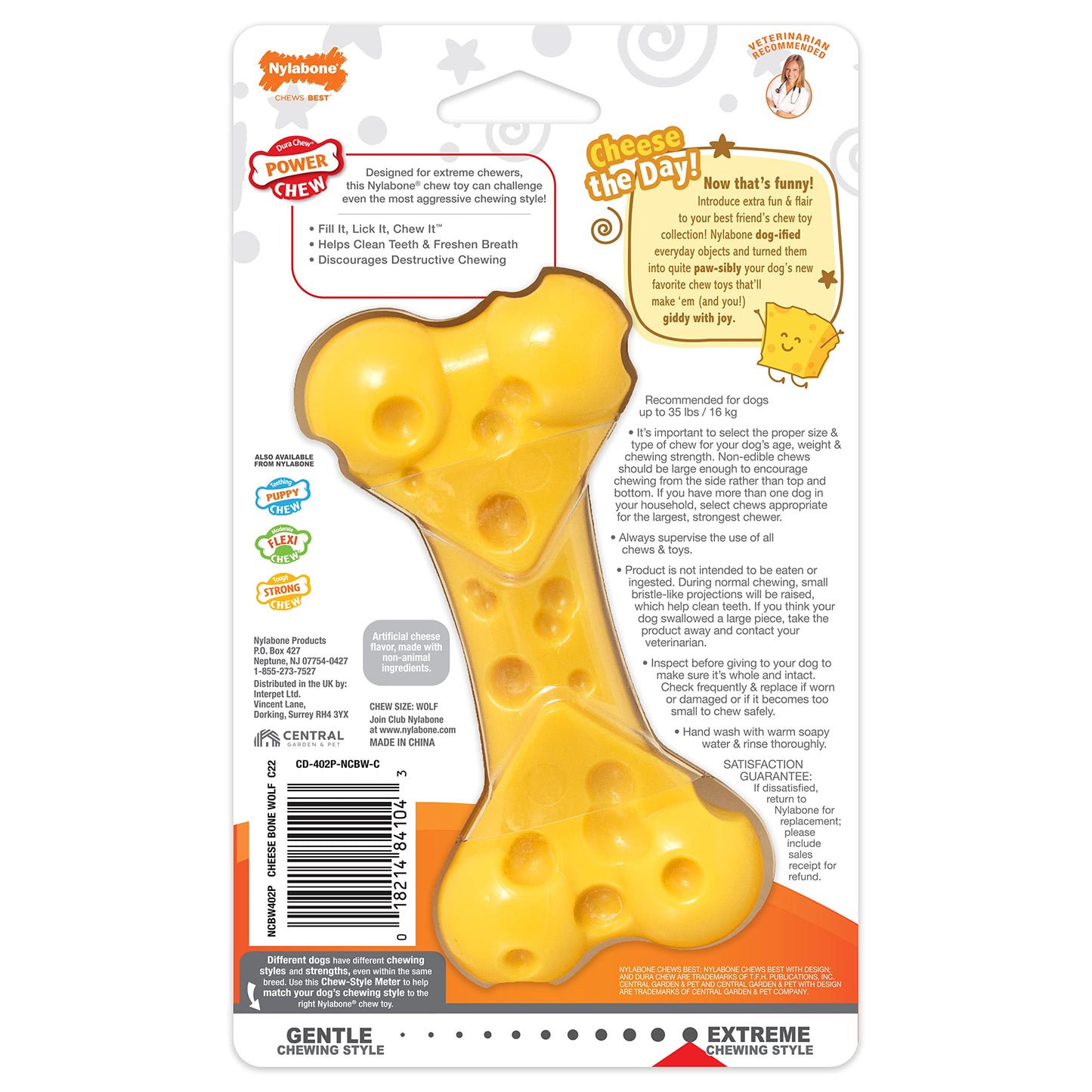 Nylabone Cheese Bone Power Chew Toy for Dogs, Cute Dog Toys for Aggressive Chewers, Cheese Flavor, Medium Dogs - Up to 35 lbs, 1 Count